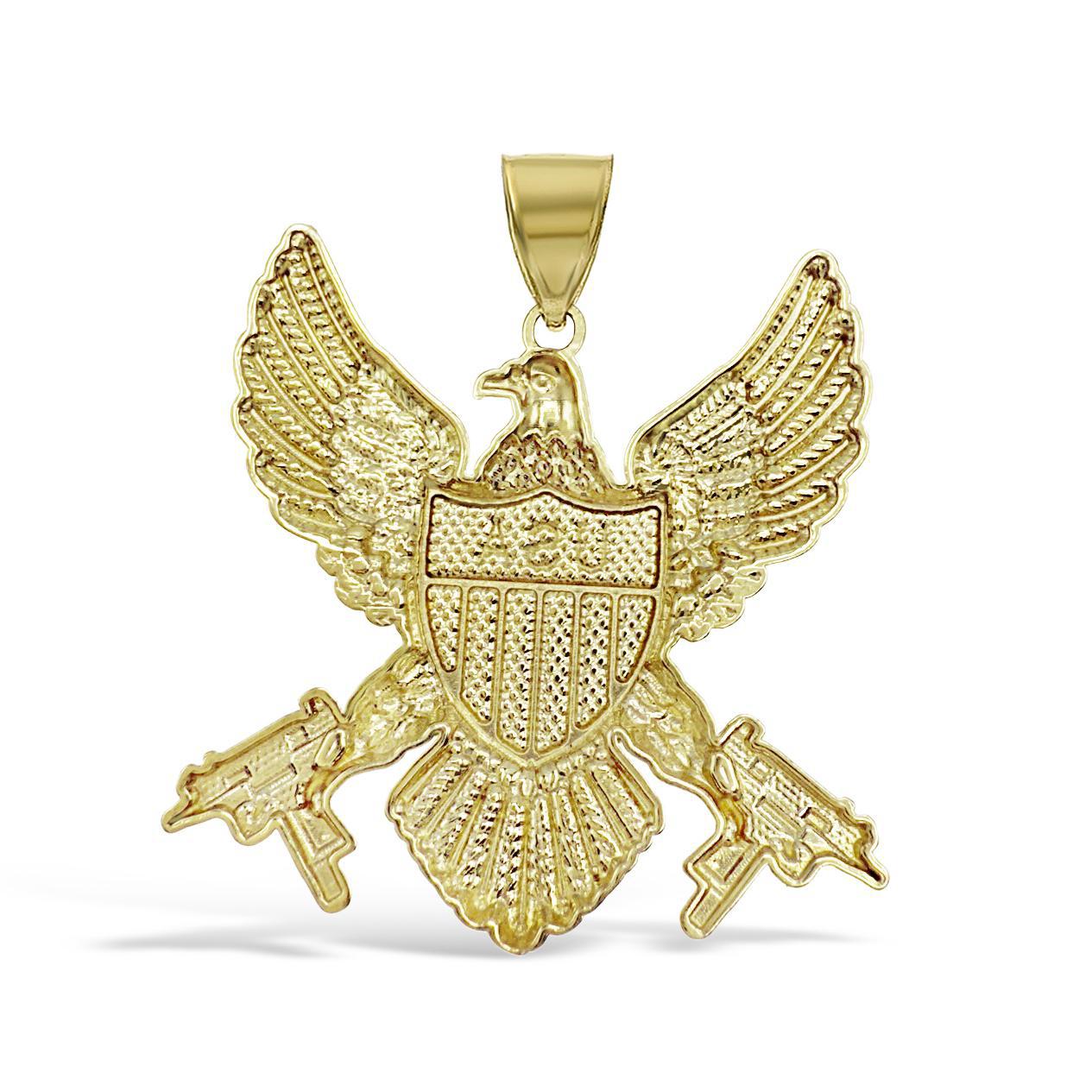 10k Yellow Gold American Eagle Gun USA Flag Mens Pendant Charm 1.5 inch