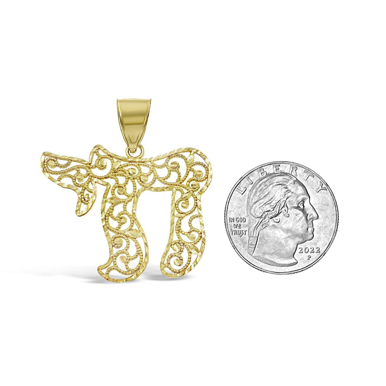 10K Yellow Gold Filigree Chai Pendant Jewish Symbol Charm