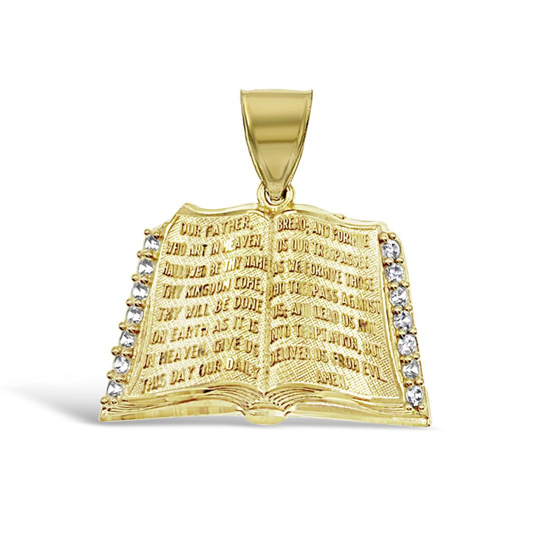 Holy Bible Praying Book Pendant CZ Charm 10k Yellow Gold 1.2 inch