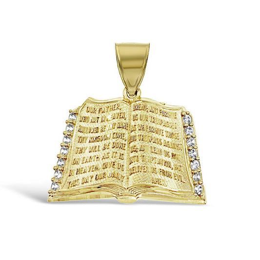 Holy Bible Praying Book Pendant CZ Charm 10k Yellow Gold 1.2 inch