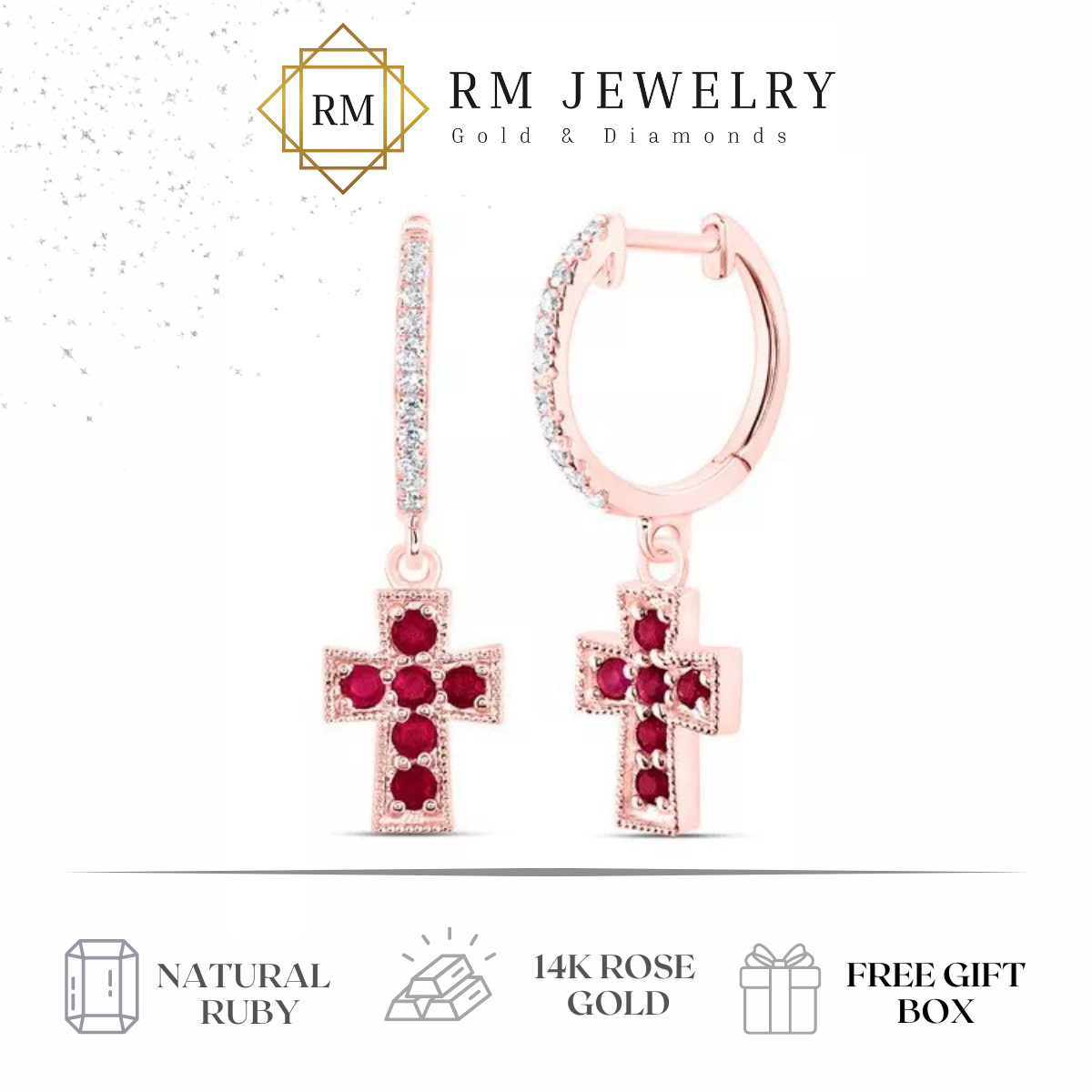 Natural Red Ruby & Diamond Cross Hoop Dangle Earrings 14k Rose Gold