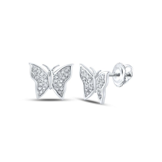 Diamond Round Stud Butterfly Earrings 10k White Gold Screw back