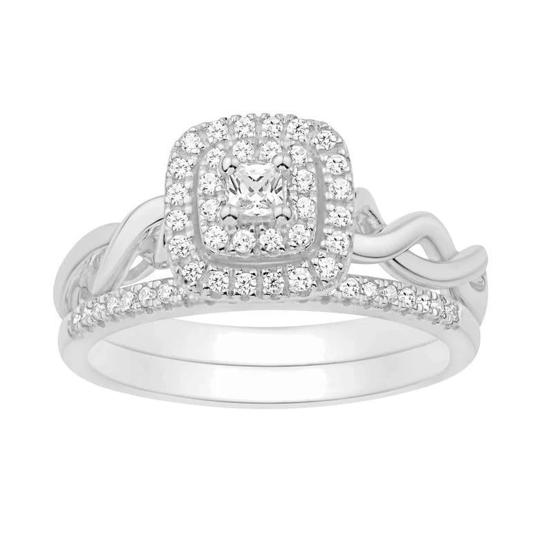 0.33cttw Diamond Cushion Cluster Bridal Wedding Ring Set 14k White Gold