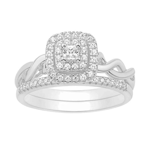 0.33cttw Diamond Cushion Cluster Bridal Wedding Ring Set 14k White Gold