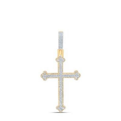 1 Cttw Round Diamond Cross Pendant Mens Charm 10k Yellow Gold