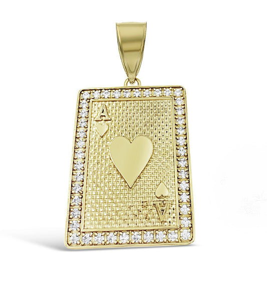 10K Yellow Gold Large Ace Of Hearts CZ Playing Card Pendant Charm 2.6 inch