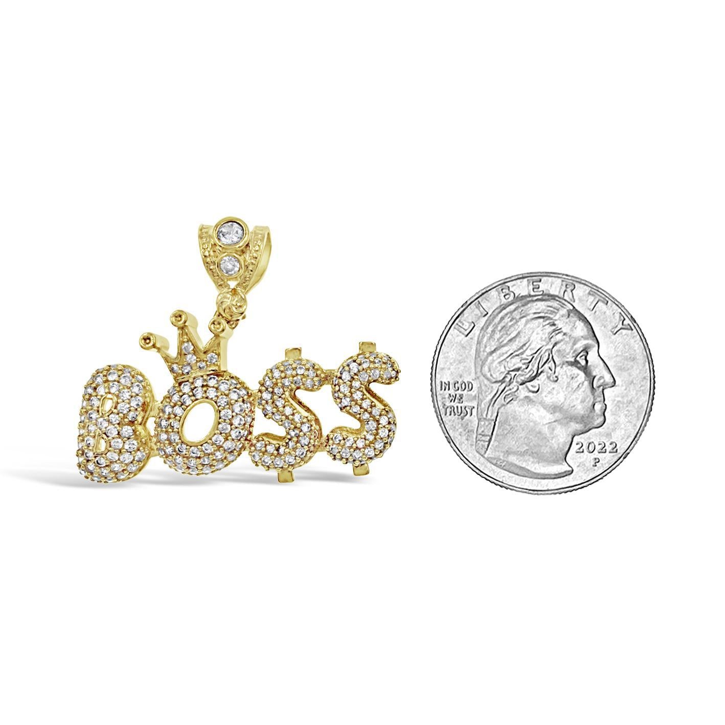 14K Yellow Gold Boss Crown Pendant With CZ Iced Charm