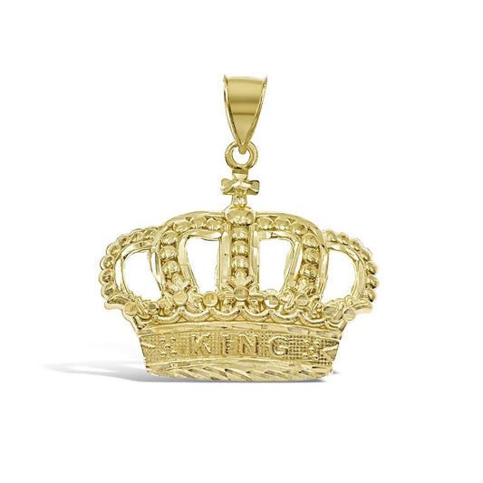 King Crown Pendant Mens Charm Real 10k Yellow Gold 1.5 inch