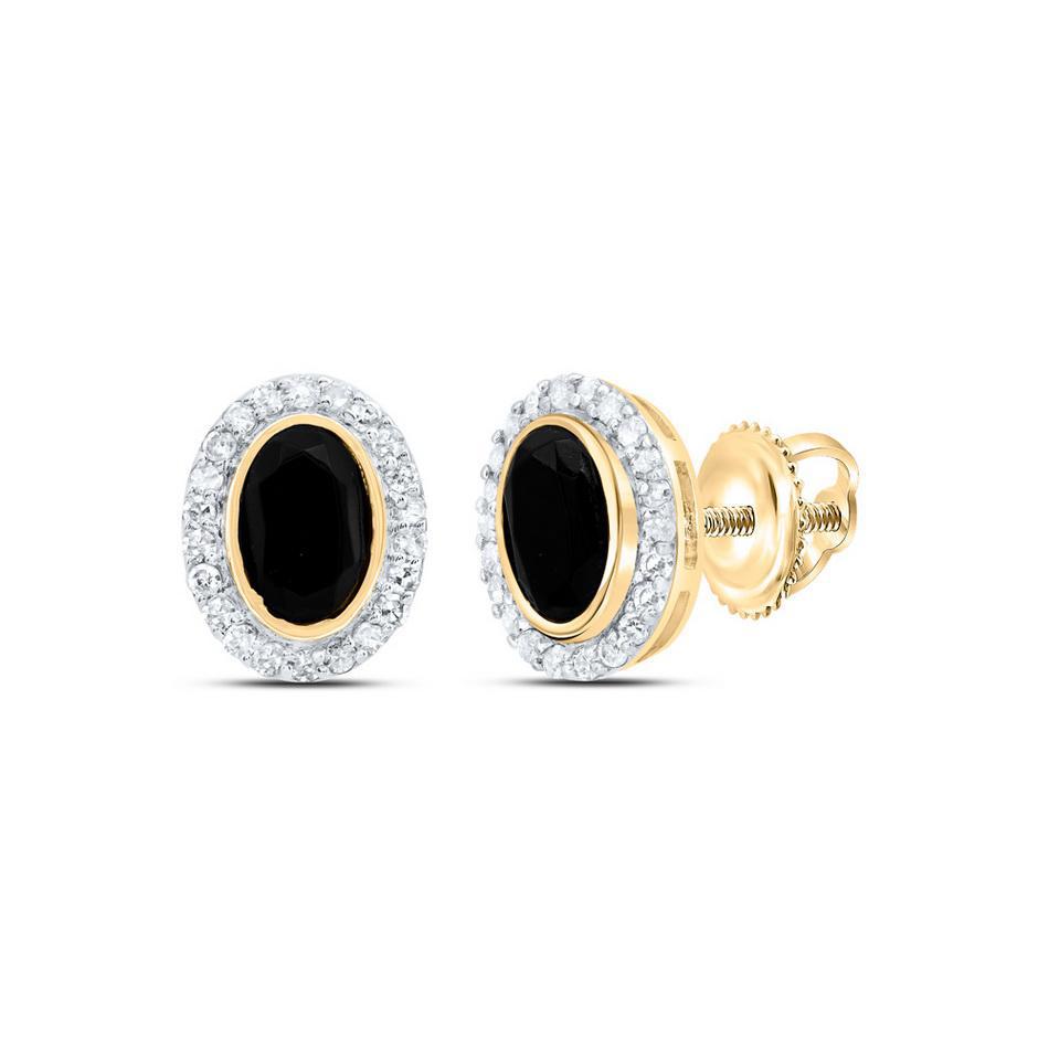 0.20cttw Diamond Black Onyx Oval Stud Earrings 10k Yellow Gold Screw Back