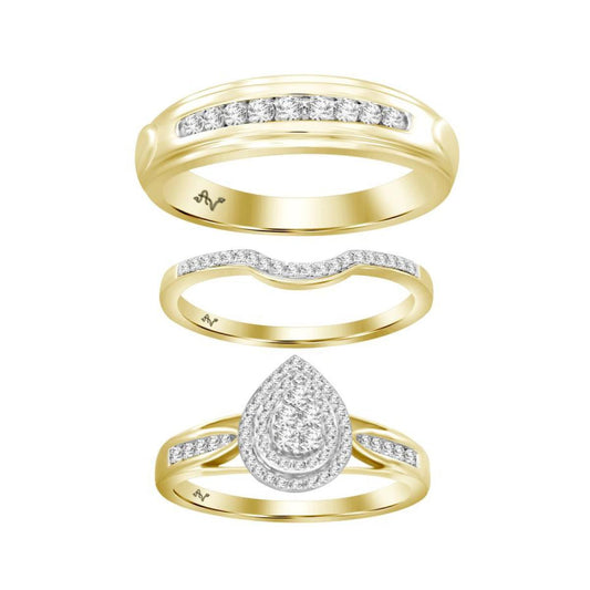 Diamond Trio Set His Her Wedding Ring Engagement Pear Shape 10k Gold 0.50cttw