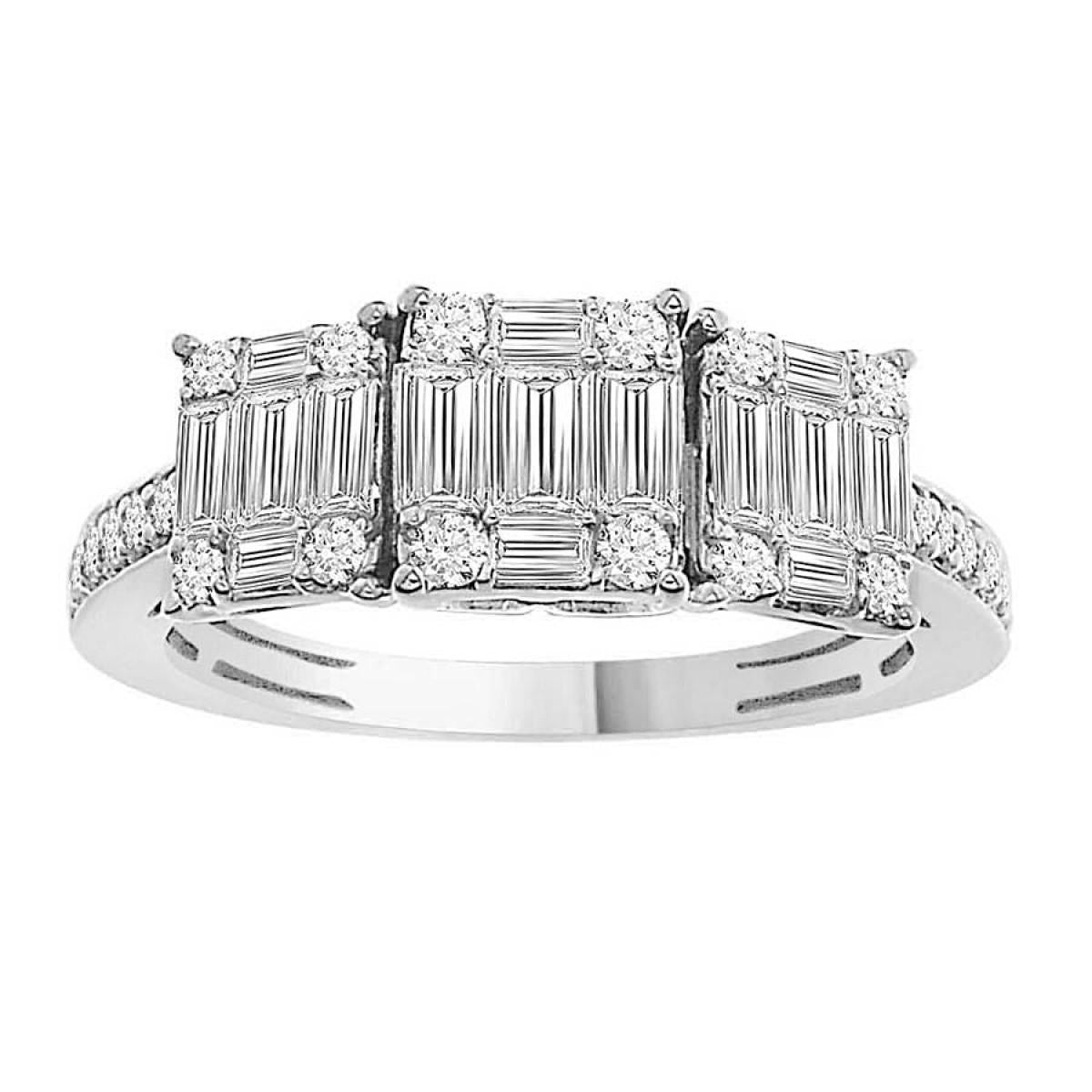 1.15cttw Baguette Diamond Three Square Womens Ring 14k White Gold Band