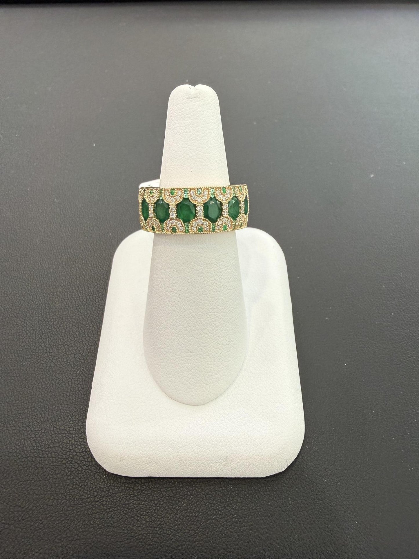 14K Yellow Gold Emerald & Diamond Wide Band Ring