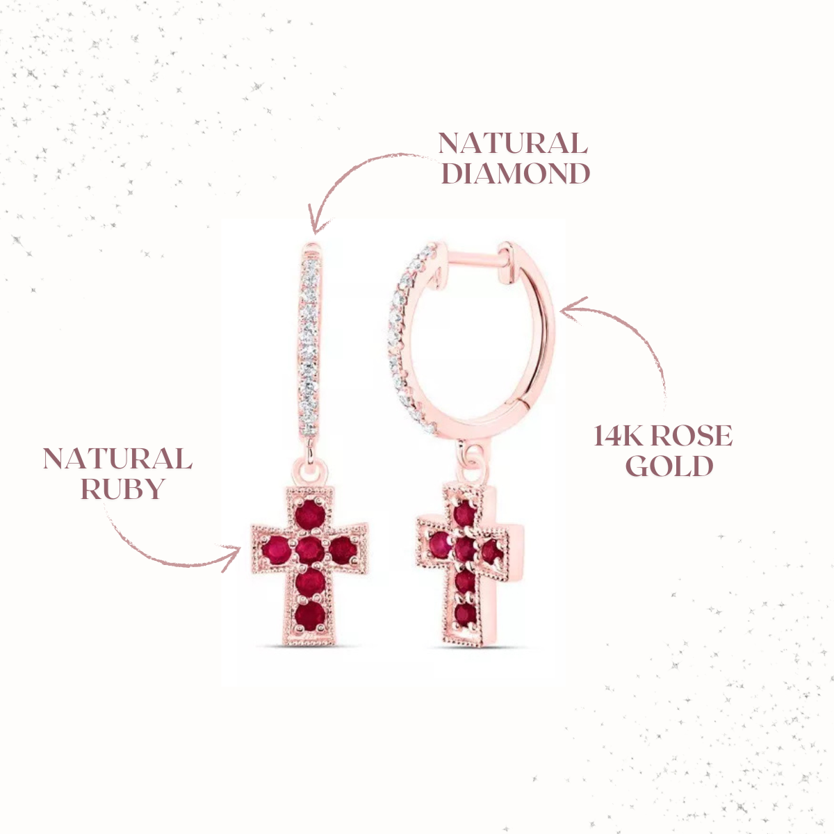 Natural Red Ruby & Diamond Cross Hoop Dangle Earrings 14k Rose Gold