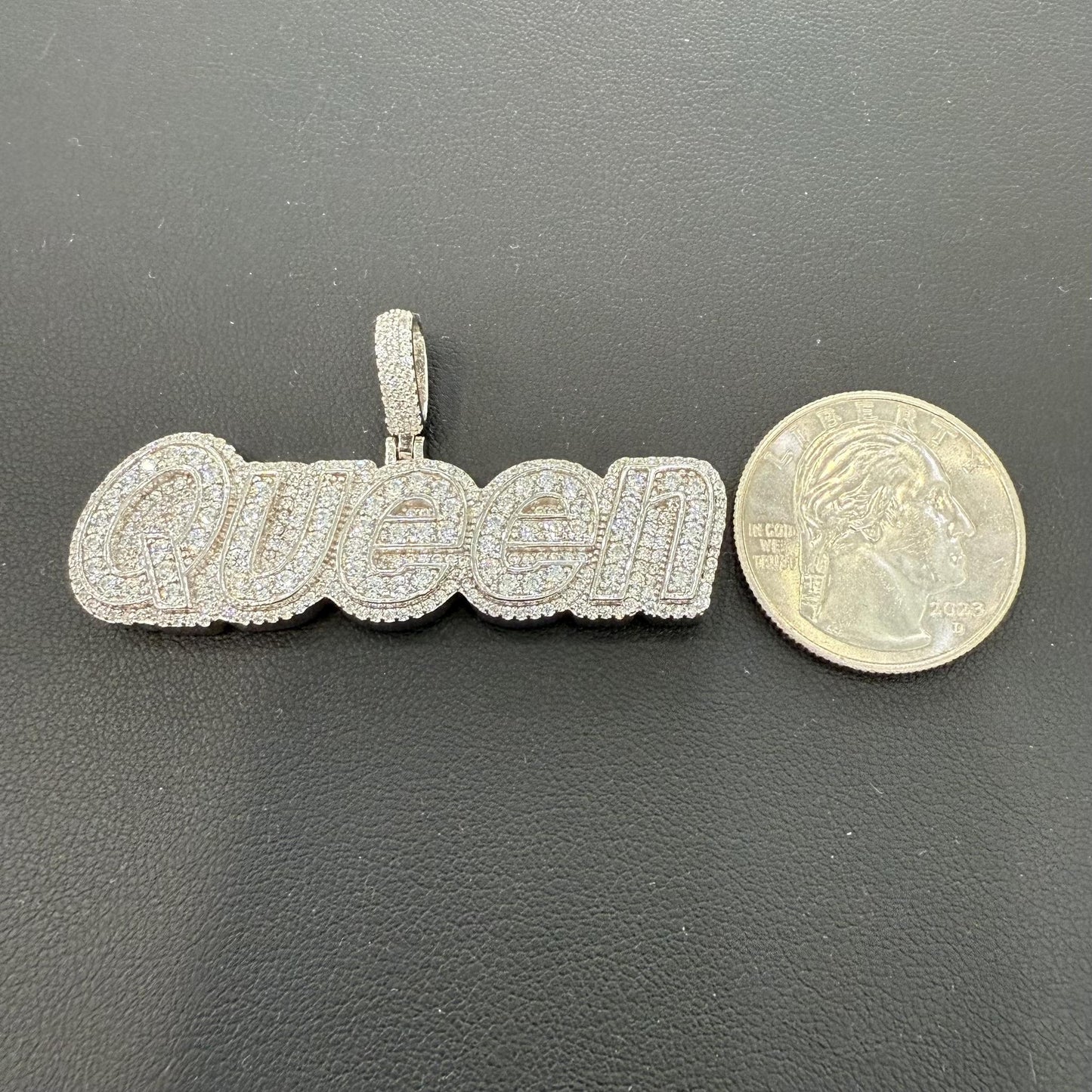 Queen Sign Pendant 925 Sterling Silver CZ Iced Out Bling Charm