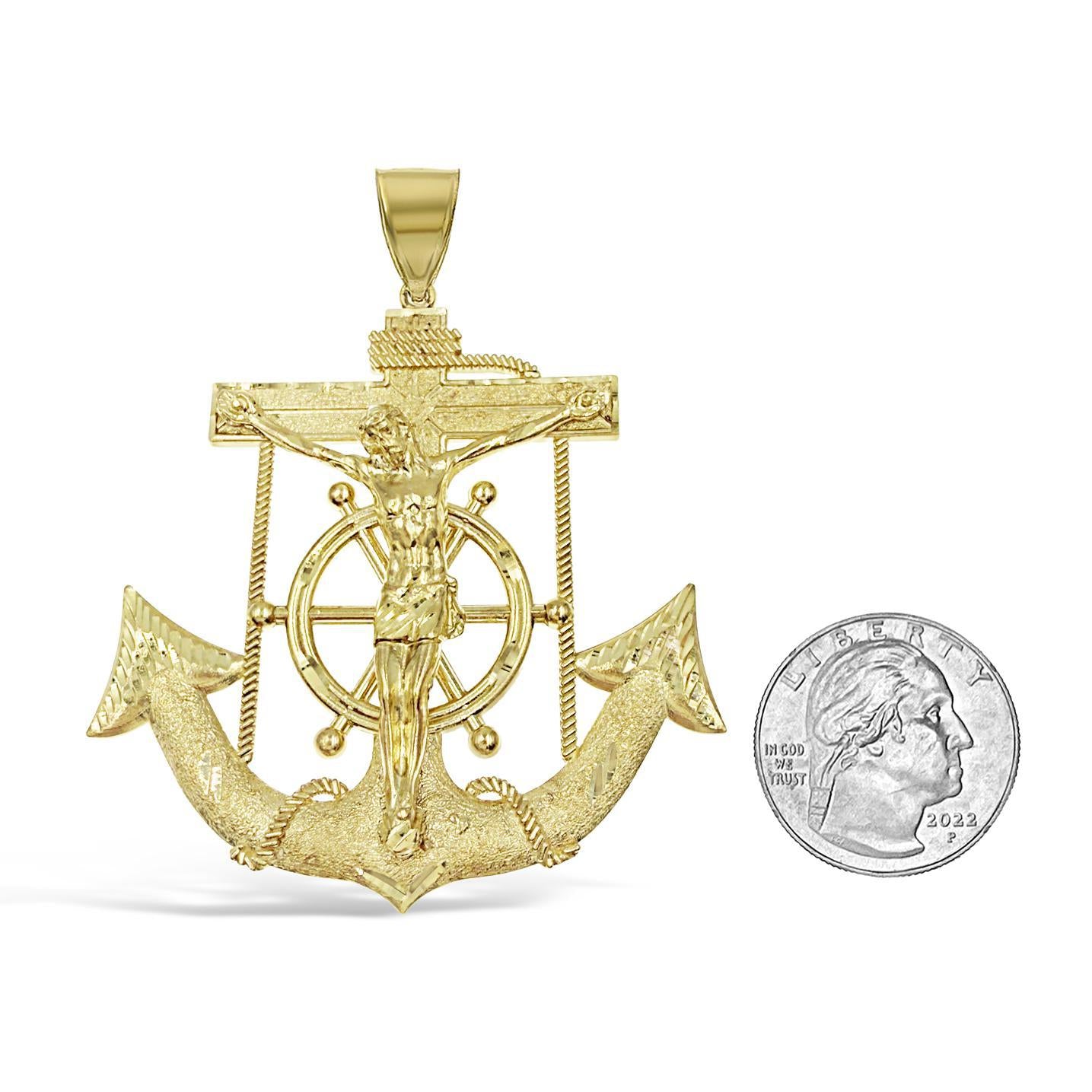 Anchor Jesus Crucifix Cross Mens Large Pendant 10k Yellow Gold