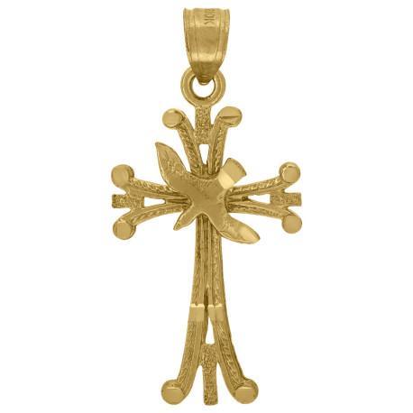10k Yellow Gold Cross Diamond Cut Bird Pendant Charm