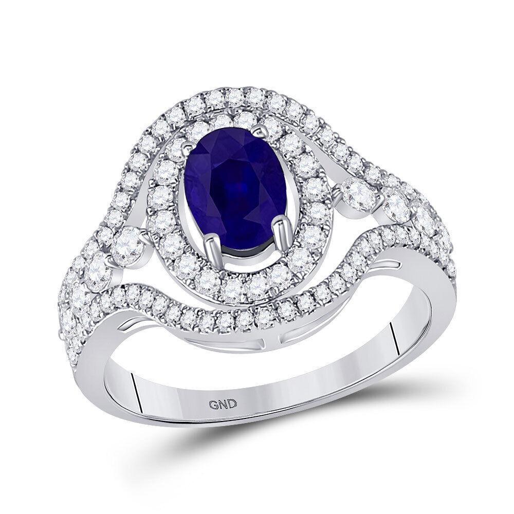 14kt White Gold Oval Blue Sapphire Diamond Solitaire Ring 1-1/2 Cttw