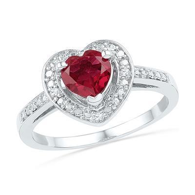 Diamond Ring Created Ruby Heart 925 Sterling Silver