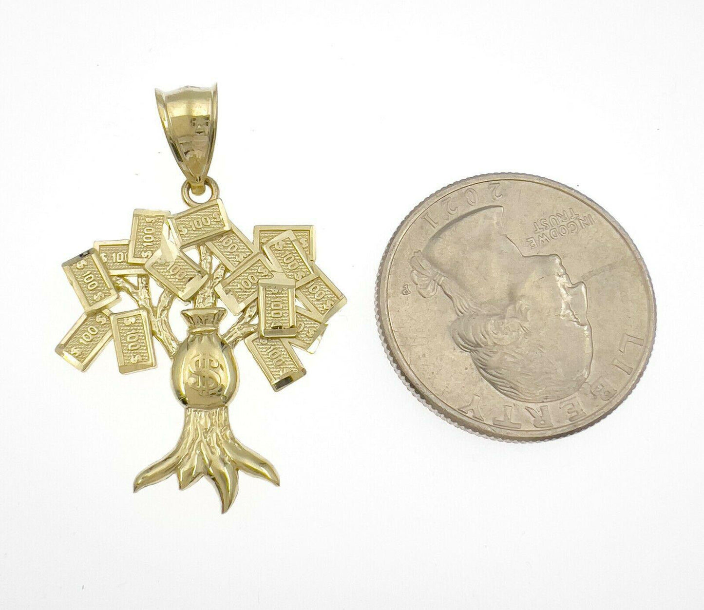 10k Yellow Gold Pendant Money Tree Bag $100 bill 2.2g