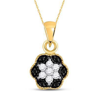 Black Diamond Flower Pendant Hexagon 14k Yellow Gold 1/5ctw