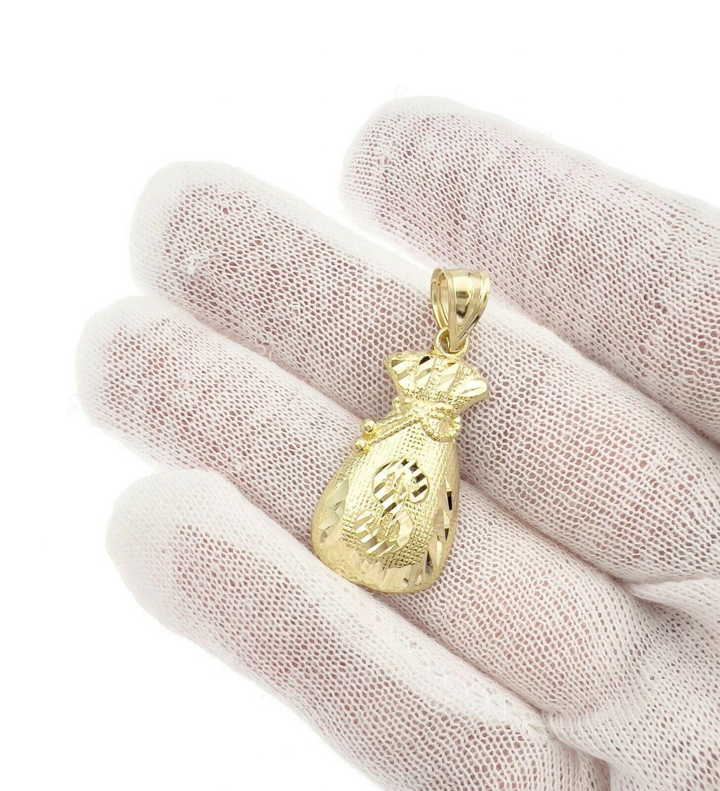 Etched Money Bag Necklace Charm in 10K Gold