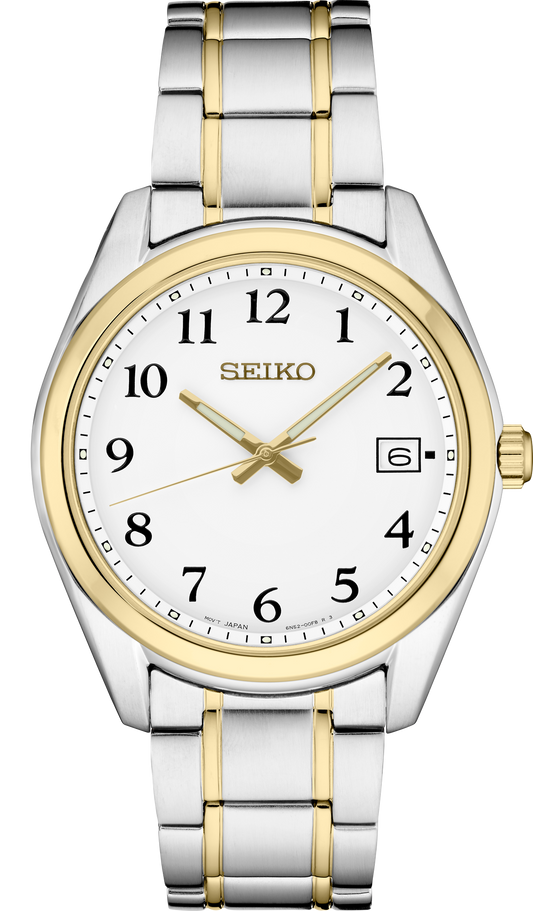 Seiko Essentials Quartz Two Tone Black White Dial Mens Watch SUR460