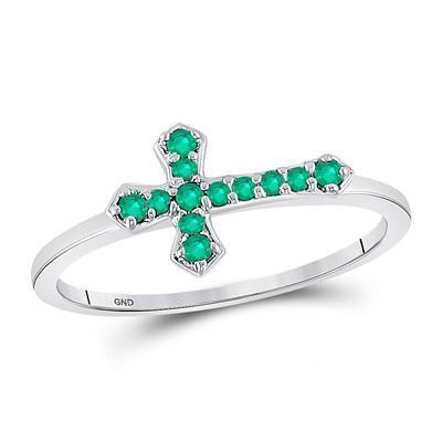 Sterling Silver Ring Created Emerald 1/8 cttw Cross