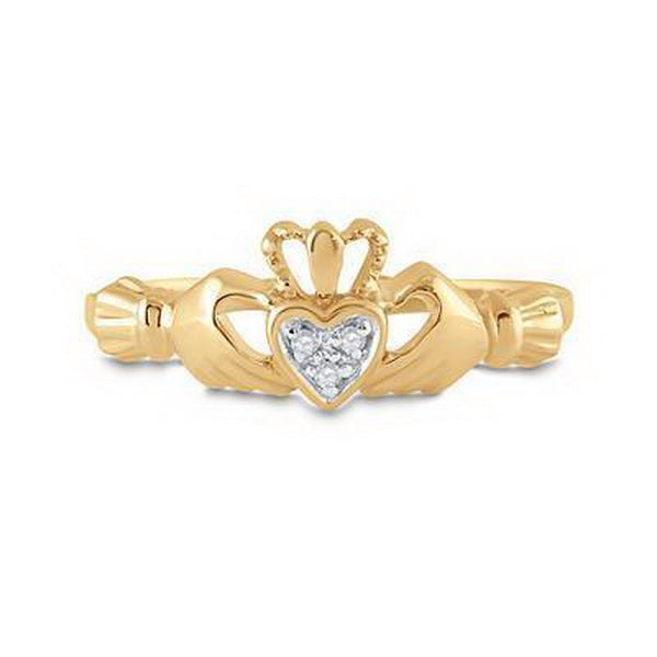 Diamond Heart Crown Claddagh Ring 10k Yellow Gold