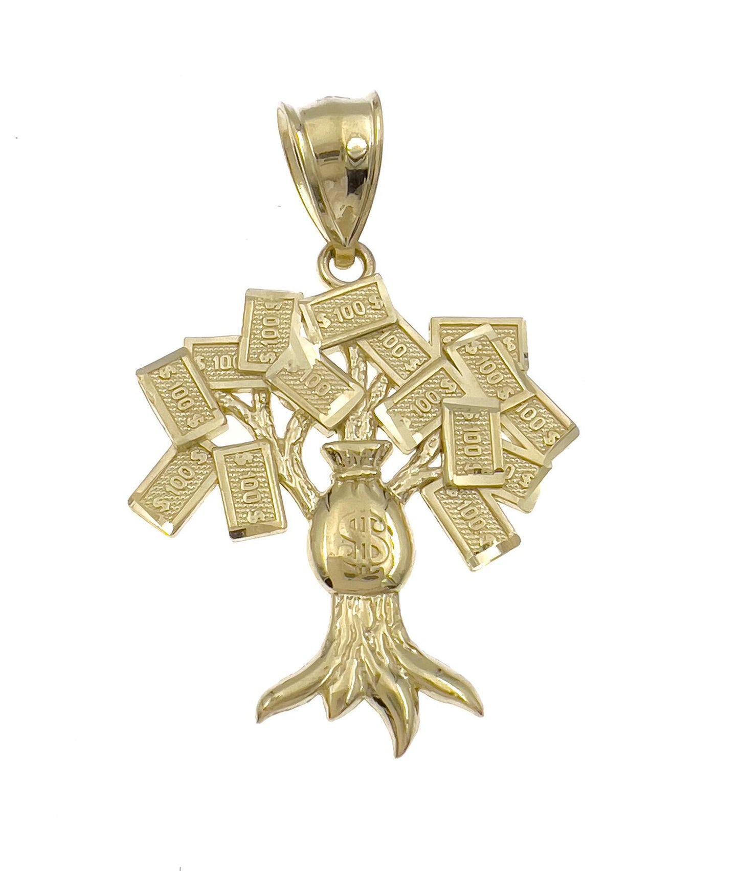 10k Yellow Gold Pendant Money Tree Bag $100 bill 2.2g