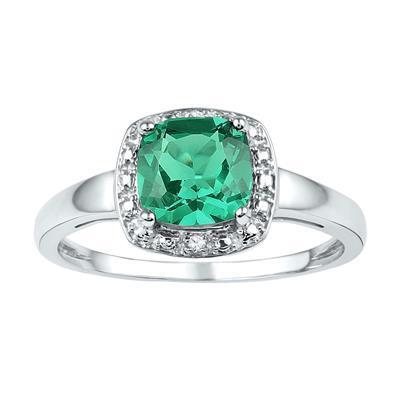 Sterling Silver Womens Cushion Lab-Created Emerald Solitaire Diamond Ring 1-3/4 Cttw